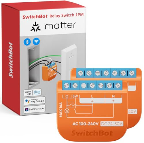 SwitchBot Matter Relais Schalter 1PM, Wlan Schalter kompatibel mit Alexa/Apple Home/Google Home, Leistungsmessendes Relaisschaltmodul mit integriertem Bluetooth Repeater, Bluetooth&WiFi 2,4GHz,16A