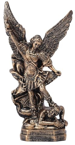 XIYOUQI San Miguel Arcángel Statue 13 cm, Erzengel Michael Figur aus Harz, bronzefarbene St Michael Statue, Michael besiegt Satan Sammlerfigur, religiöse Deko für Regal, Büro, Wohnzimmer