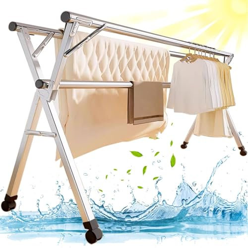 LULUMAIC Wäscheständer, Wäscheständer, ausziehbarer Faltbarer Wäschetrockner, Wäschetrockner, verstellbare Länge und Höhe mit 4 Universalrädern und 20 winddichten Haken (200 cm)