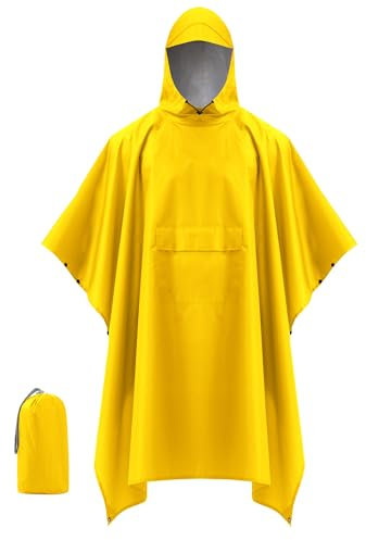 Coutyuyi Wasserdicht Regenponcho Unisex, Wiederverwendbar Regenjacken 3 in 1 Multifunktionaler Regencape mit Tasche Regenmantel Regenschutz für Wanderungen,Camping（Gelb,L）