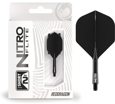 RED DRAGON Darts – Nitro Flite Integriert Flüge & Schäfte System – No.2 Form und Design – Schwarz & Schwarz Farbe, Kurz Länge