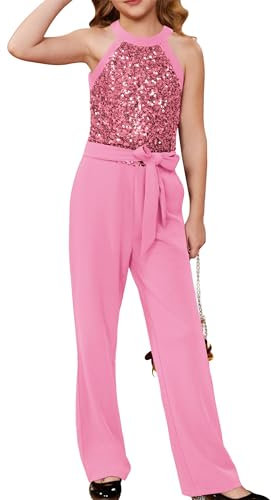 GRACE KARIN Kids Pailletten Jumpsuit Mädchen Cut-Out Schulter Ausgestelltes Bein Overall Dunkelrosa 7-8 Jahre