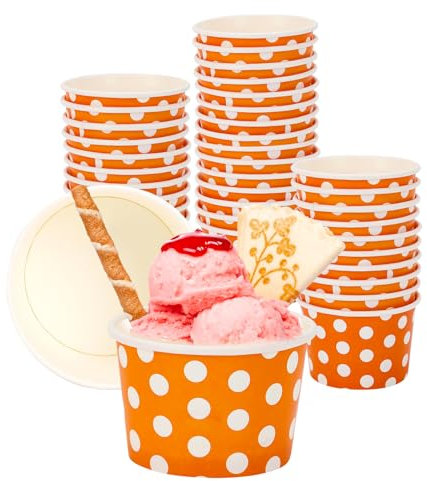 TSLBW 50 Pcs Paper Ice Cream Bowls 125ml Ice Cream Cup Containers Polka Dot Paper Dessert Bowls for Frozen, Yogurt, Sundae, Ice Cream, Cake, Soup, Summer Birthday Party Supplies (Orange)