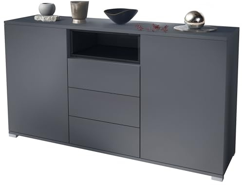 Vladon Skadu V2 Sideboard, Kommode mit 2 Türen, 3 Schubladen und 1 offenem Fach, Anthrazit matt/Schwarz Hochglanz (138,5 x 75,5 x 35 cm)