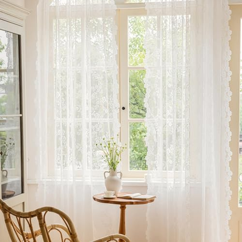 2er Set Weiße Spitze Vorhang, Blumen Stickerei Voile Vorhang, B150 x H200 cm, Vintage Bestickte Voile Spitzenvorhänge, Transparent Vorhang, Gardinen für Schlafzimmer Wohnzimmer Terrasse Hochzeit Dekor