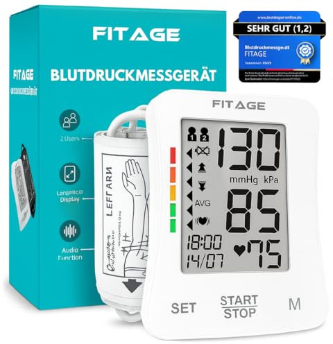 FITAGE Blutdruckmessgerät Oberarm Digital Blutdruck-Messgerät und Pulsmesser mit Speicherfunktion Manschettensitzkontrolle für Oberarmumfänge von 22-42 cm, Arrhythmie-Erkennung Blood Pressure Monitor