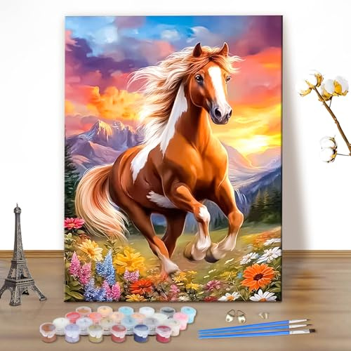 MEIYUDA Peinture par Numero Adulte Chevaux, Animaux DIY Peinture Acrylique pour Adultes Débutants, Facile sur Toile Avec Peintures et Pinceaux 40x50cm(sans Cadre)