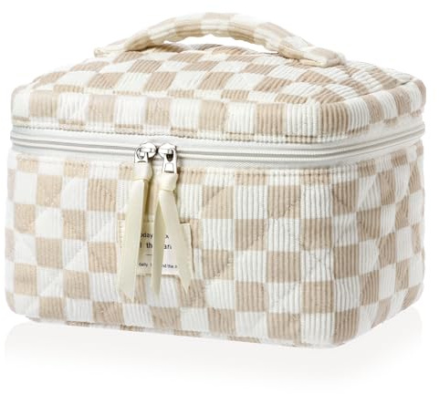 BuyCard Lot de 3 Trousses de Toilette pour Femme avec Motif Floral - Trousse de Toilette matelassée - Portable - pour Les Voyages et la Vie Quotidienne (1, Chèque Kaki)