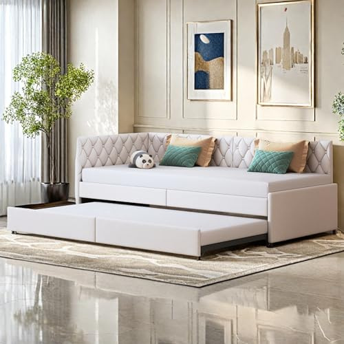 KeepGoon Ausziehsofa Ausziehbett Polsterbett 90x200cm Multifunktional mit Lattenrost Einzelbett Kinderbett Gästebett Samtstoff ohne Matratze (Beige)