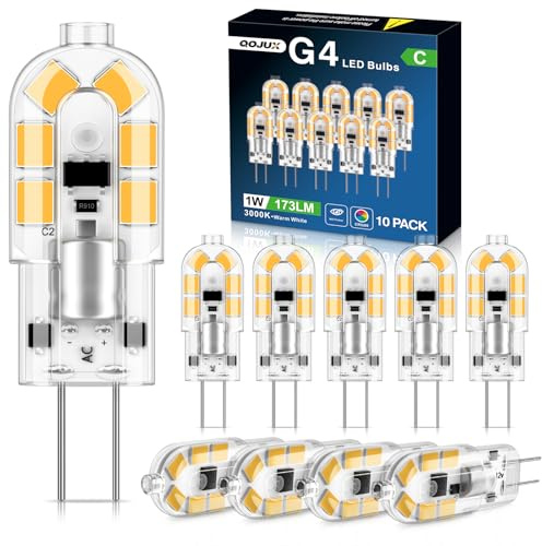 Ampoule G4 LED, 1W 173LM Ampoules LED G4 Classe C, équivalent 15W 20W Halogène, AC/DC 12V 3000K Blanc Chaud, Ampoule Economie d'énergie à Culot à Broches, Sans Scintillement Non-Dimmable, 10 Pièces