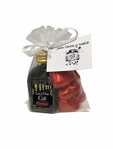 Detalle con miniatura de licor de café Panizo 5 cl acompañado de bombones de chocolate en forma de corazón en bolsa de organza para regalar (Pack 24 ud)
