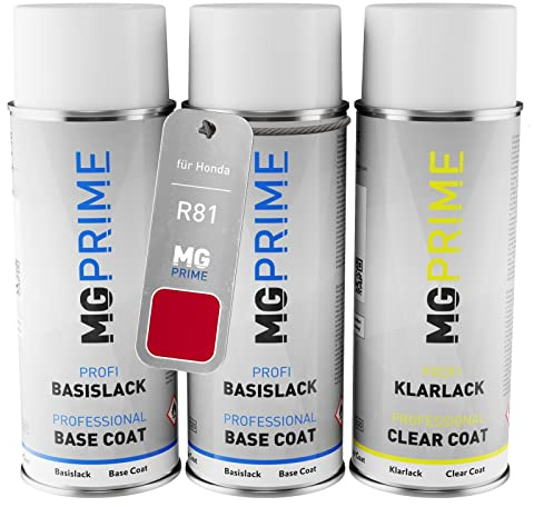 MG PRIME Autolack Spraydosen für Honda R81 Milano Red/Rouge Milano +1K | Set aus Grundlack + Basislack + Klarlack, Sprühdosen 400ml