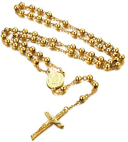 FaithHeart Collana Rosario Oro Uomo Cattolico Collana Donna Rosario San Cristoforo Perline Argento 66+16 CM Regolabile Regalo Religioso