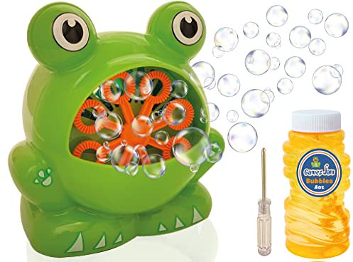 Gamez Jam Frog Seifenblasenmaschine für Kleinkinder, Kinder, Babys, Erwachsene, sogar Hunde. Unterhalten Sie Ihre Kinder im Garten und drinnen. Batteriebetriebenes Bubble-Spielzeug mit Bubble-Mix