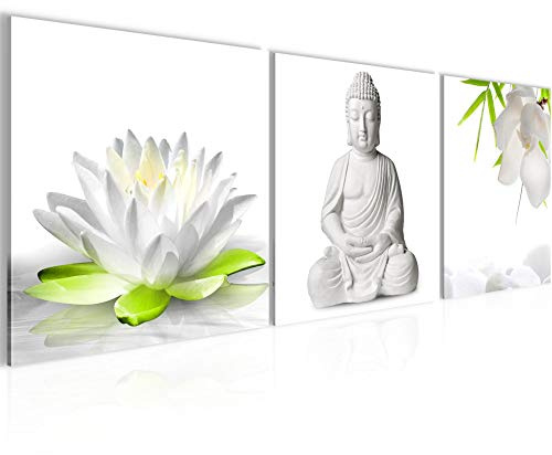 Runa Art Bilder Buddha Feng Shui 3 Teilig Bild auf Vlies Leinwand Deko Wohnzimmer Schlafzimmer 90 x 30 cm Zen Grün Weiss 027334a