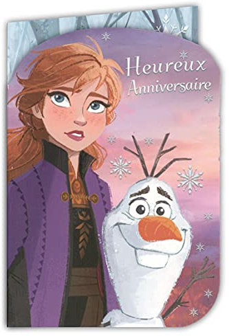 Creativ'World 200003 Geburtstagskarte, mit Aufklebern, Disney Frozen 2 Die Eiskönigin Elsa Prinzessin Anna Berge Kristoff Rentier Sven Schneemann Olaf – mit Umschlag lila 12 x 17,5 cm