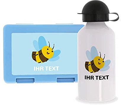 STEMPEL-FABRIK Lunchbox Hellblau und Trinkflasche mit Design - Biene - Personalisiertes Geschenk - Set - Brotzeitbox - Brotbox und Wasserflasche für Kinder - Einschulungsgeschenke - Kindergarten