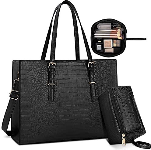 Lubardy Laptop Bags for Women Tote Bag 15.6 Inch Leather Large Ladies Handbag Work Bag Designer Business Shoulder Shopping Office Bag Black,2pcs Set
