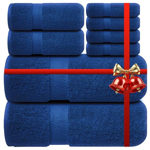 Infinitee Xclusives Premium Bath Towel Set 8-Piece (2 Bath Towels, 2 Hand Towels, 4 Washcloths), Super Absorbent Soft 100% Ring-Spun Cotton for Spa, Gym, Hotel & Bathroom |Tranquil Navy|
