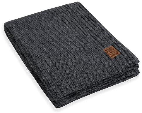 KNIT FACTORY - Uni Gestrickte Decke XL - Wohndecke - Kuscheldecke - Gestrickte Sofadecke - Plaid aus Wolle - Wolldecke - Anthrazit - 195x225 cm