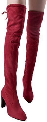 shownicer Donna Stivali Moda Sexy Casual Elegante Invernali con Tacco Alti sopra Il Ginocchio Tacchi Alti Inverno Scamosciato Boots con Chiusura Lampo Laterale Rosso 37 EU