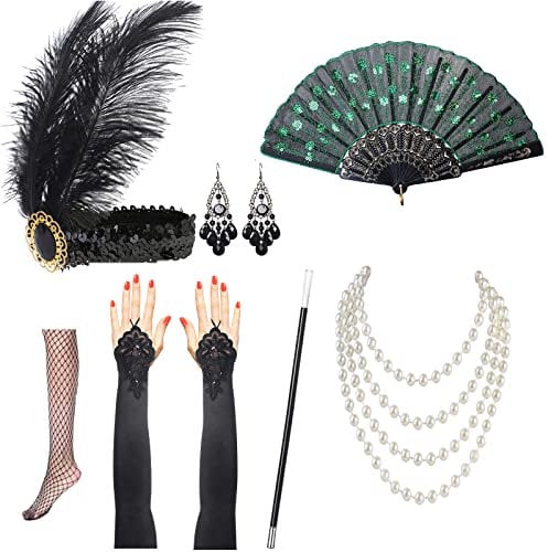 Nabance 20er Jahre Accessoires Gatsby Accessoires 1920s Kostüm Damen Flapper Set 1920er Accessoires Damen 20er Jahre Zubehör Set Retro Style Stirnband Set-7 Stück