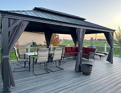 PURPLE LEAF Tonnelle de Jardin Exterieur 6 x 3,65 m Pergola Aluminium avec Moustiquaire et Rideaux Pavillon de Jardin à Double Toit Acier Galvanisé, Gris