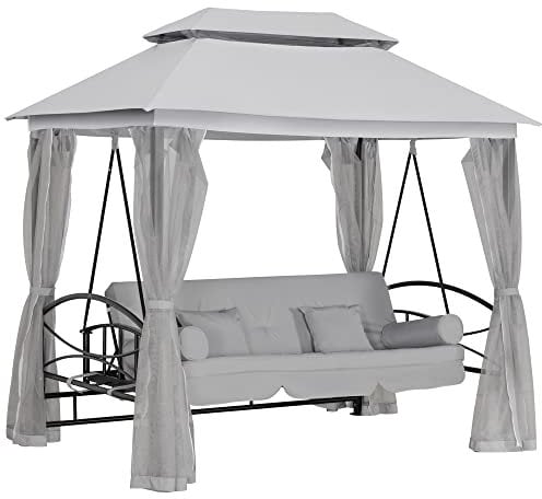 Outsunny 3 Seater Convertible Swing Chair, Outdoor Gazebo Swing Seat Bed with Double Tier Canopy, Cushioned Seat, Mesh Sidewalls and Curtains, Light Grey