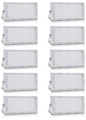 Bellanny 10 Pièces 100W Projecteur LED Extérieur, 10000LM Spot LED Extérieur, Lampe d'atelier LED Super Brillante Blanc Froid 6500K, IP65 Imperméable Eclairage de Sécurité, pour Jardin, Garage…