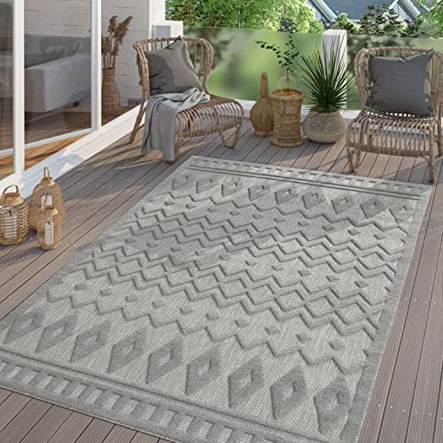 TT Home In-& Outdoor Teppich Wetterfest Balkon Küche Wohnzimmer Boho Skandi Design, Farbe: Grau 3, Größe:160 cm Rund