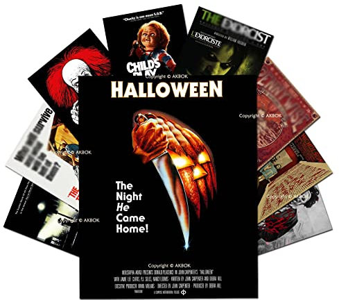 AONELAS 9 Pieces Vintage Horror Movie Posters, Creepy Classic Scary Movie Film Prints Wall Art Monster Suspense Movie Set Unframed for Home Living Room Bedroom Man Cave Theater Decor, 8 x 10 Inch