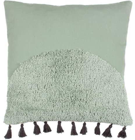 furn. Radian Feather Filled Cushion – Textured Semi Circle Tufted Cotton Tassel Trim Decorative Pillow (Eucalyptus – 45x45cm)