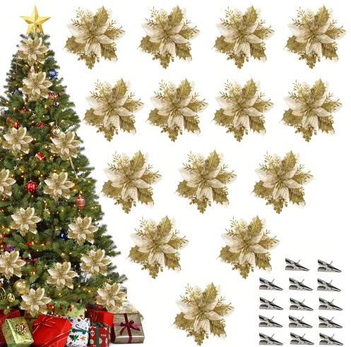14 Stück Weihnachten dekorative Blumen,Glitzer künstliche Weihnachtsdekoration,5.5in * 5.5in, Weihnachtsblume dekorative Blumen,für Weihnachten,Weihnachtsbaum,Hochzeitsfeier DIY Dekoration(Gold)