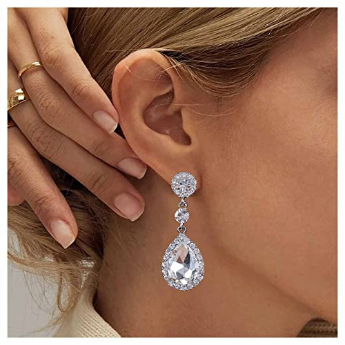 Allereya Pendientes gota cristal lágrima vintage pendientes tuerca diamantes imitación brillantes pendientes colgantes plata circonita cúbica pendientes novia joyería para mujeres y niñas (plata)
