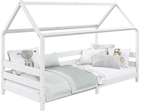 Lit cabane FINA lit Simple pour Enfant Montessori 90 x 190 cm, avec barrières de Protection sur 3 côtés, en pin Massif lasuré Blanc