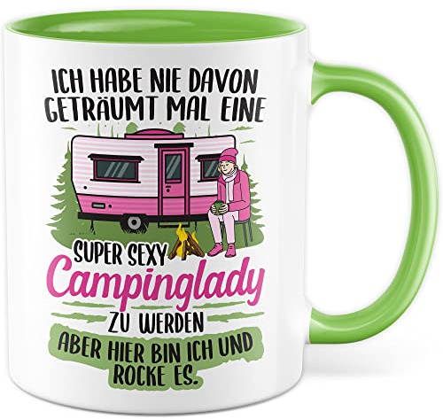 Becher Tasse Wohnmobil Wohnwagen Kaffeetasse Camping Geschenk Camperin Kaffee-Becher Geschenkidee Outdoorfans Zelten Abenteuer Reisen Spruch Humor Witz sexy Campinglady (Weiß/Grün)