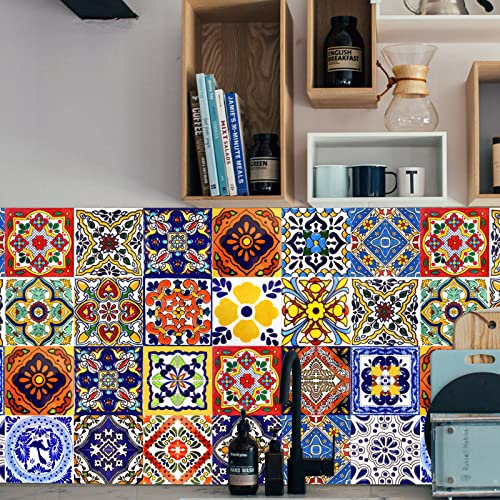 Mosaik Küche Wandaufkleber Bodenaufkleber,DIY Marokkanischer Fliesenaufkleber für Badezimmer,Selbstklebende Treppenaufkleber Bunt Wandfliese Aufkleber Tile Stickers für Wandfliesen (24X10*10CM-A)