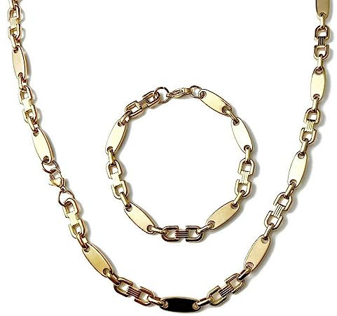 ayados Plattenkette Set Edelstahl 60cm 4mm bis 10,5mm Cuban Halskette + Armband Platten Kette (6,5mm x 60cm, Plattenkette Gold)