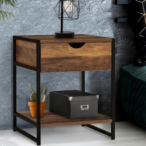 IDMarket - Lot de 2 Tables de Chevet Hawkins 1 tiroir avec Tablette Bois foncé Design Industriel
