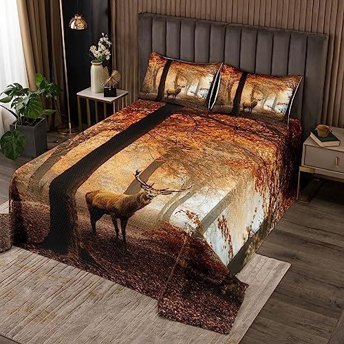 Wald Hirsch Steppdecke Set Braun Elch Bettüberwurf für Kinder Jugendliche Erwachsene Dekorativ Natur Wald Tier Motiv Tagesdecke Hirsch Muster Bettüberwurf 240x260cm Atmungsaktives Mikrofaser