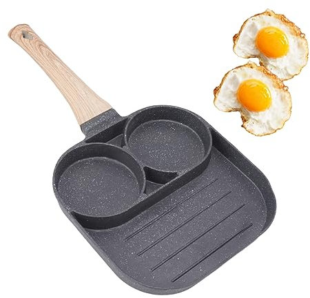 Poêle à Frire à œufs, Poêle à œufs Frits Antiadhésive 3 Sections Poêle à Griller Carrée Poêle à œufs Et Bacon Poêle à Frire Divisée Avec Manche En Bois Pour Cuisinière à Gaz Induction