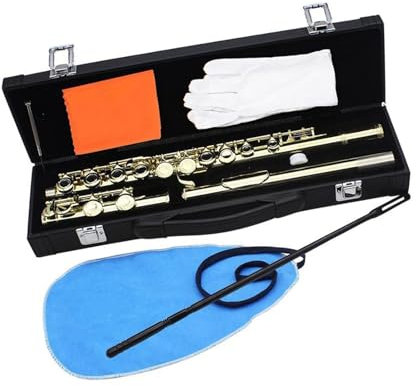 Querflöte Instrument Goldene 16-Loch-C-Ton-Flöte Mit E-Klappe, Geschlossene Lochflöte, Vergoldete Klappen, Kupfernickelröhre Mit Koffer