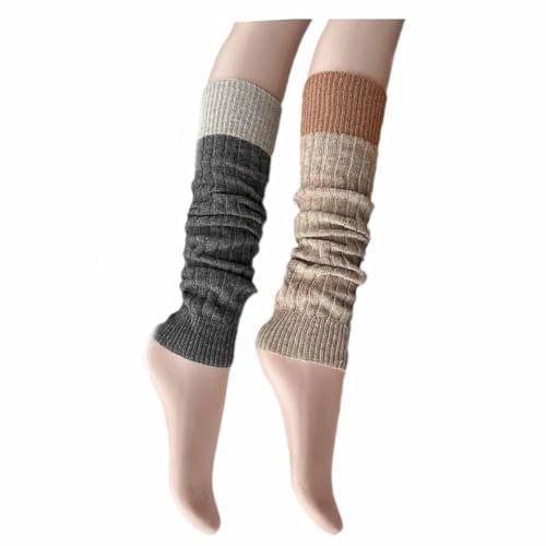 SHTGOI 2 Paar Winter Wolle Beinstulpen Gestreiftes Gestrick Stulpen Colour-Blocking Legwarmers Overknees Lang Beinwärmer Weich Warm Beinsocken Atmungsaktiv Beinabdeckung für Damen Khaki+Grau