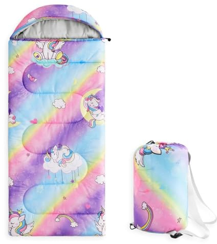 Wake In Cloud - Kids Sleeping Bag for Girls Toddlers, Camping in Warm Cold Weather, Backpacking Lightweight Compact Outdoor Liner for 3 Seasons, Unicorns Rainbow Hearts, Purple Blue