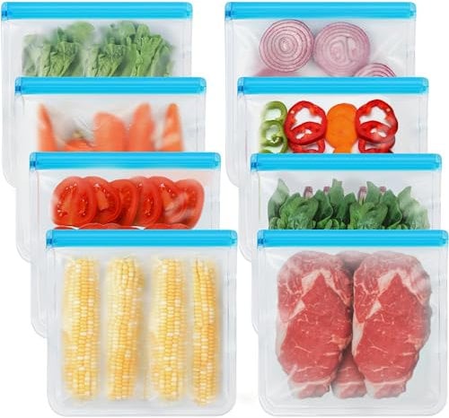 8 Pack Gallon Freezer Bags, Reusable Bags Silicone Bags Food Storage Bags, Large Bags Gallon, Lunch Home Fridge Kitchen Organization and Storage Meal Prep Freezer Containers