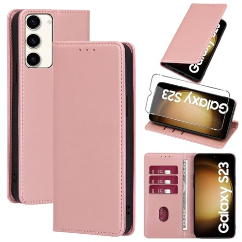 Vauki Coque Cuir pour 𝐒𝐚𝐦𝐬𝐮𝐧𝐠 𝐆𝐚𝐥𝐚𝐱𝐲 𝐒𝟐𝟑 𝟓𝐆 avec 1 Verre Trempé Etui à Rabat en PU Porte-Cartes Portefeuille Support Flip Housse Magnétique Antichoc Anti-Rayures Case 6.1,Rose-Gold