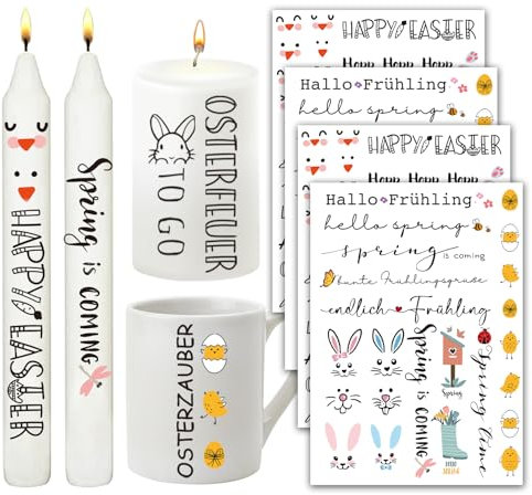 BETESSIN 4Pcs Kerzen Tattoo Ostern Tattoofolie Frühling Kerzentattoos Sprüche Frohe Ostern Kerzensticker Wasserschiebefolie Kerzen Dekoration Kerzenaufkleber DIY Geschenk für Kerzen Tassen Stil D
