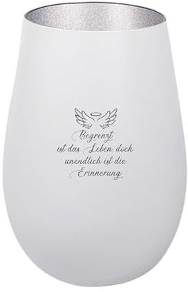 Der-Porzellan-Laden Windlicht mit Gravur Begrenzt ist das Leben, Weiß Silber, Teelichthalter aus Glas mit Spruch, Tischdeko modern