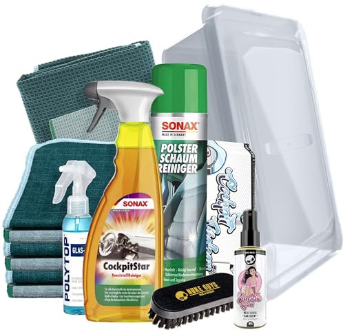 Auto Reinigungsset Innen | Sonax CockpitStar 750ml Kunststoffreiniger + Polsterreiniger 400ml + 6X Mikrofasertuch + Duftspray + Cockpittücher + Reinigungsbürste + Glasreiniger + 2X Scheibentuch