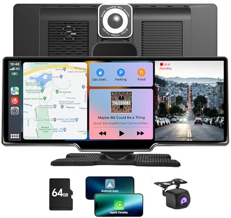 NEWFUN 2024 Carplay Android Auto portatile da 10,26 pollici senza fili con telecamera posteriore anteriore 4K, telecamera posteriore 1080P, Mirror Link, Bluetooth 5.0/GPS/Siri/FM/64G TF